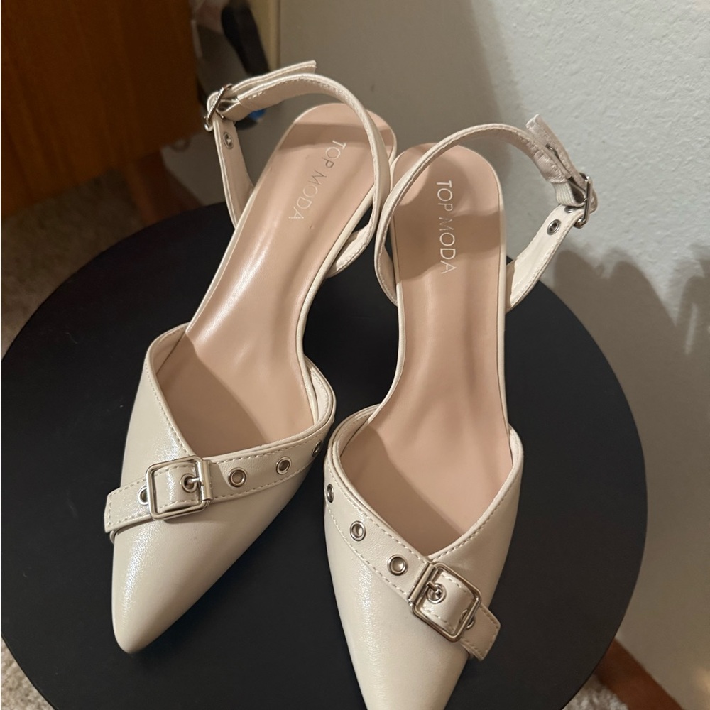 TOP Moda Cream Slingback Heels with Decorative Straps 5.5